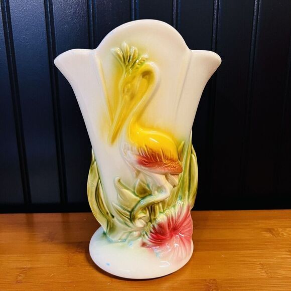 Vintage Hull Pottery Flamingo Heron Crane Hibiscus Vase #78 Yellow and Green - Picture 1 of 11